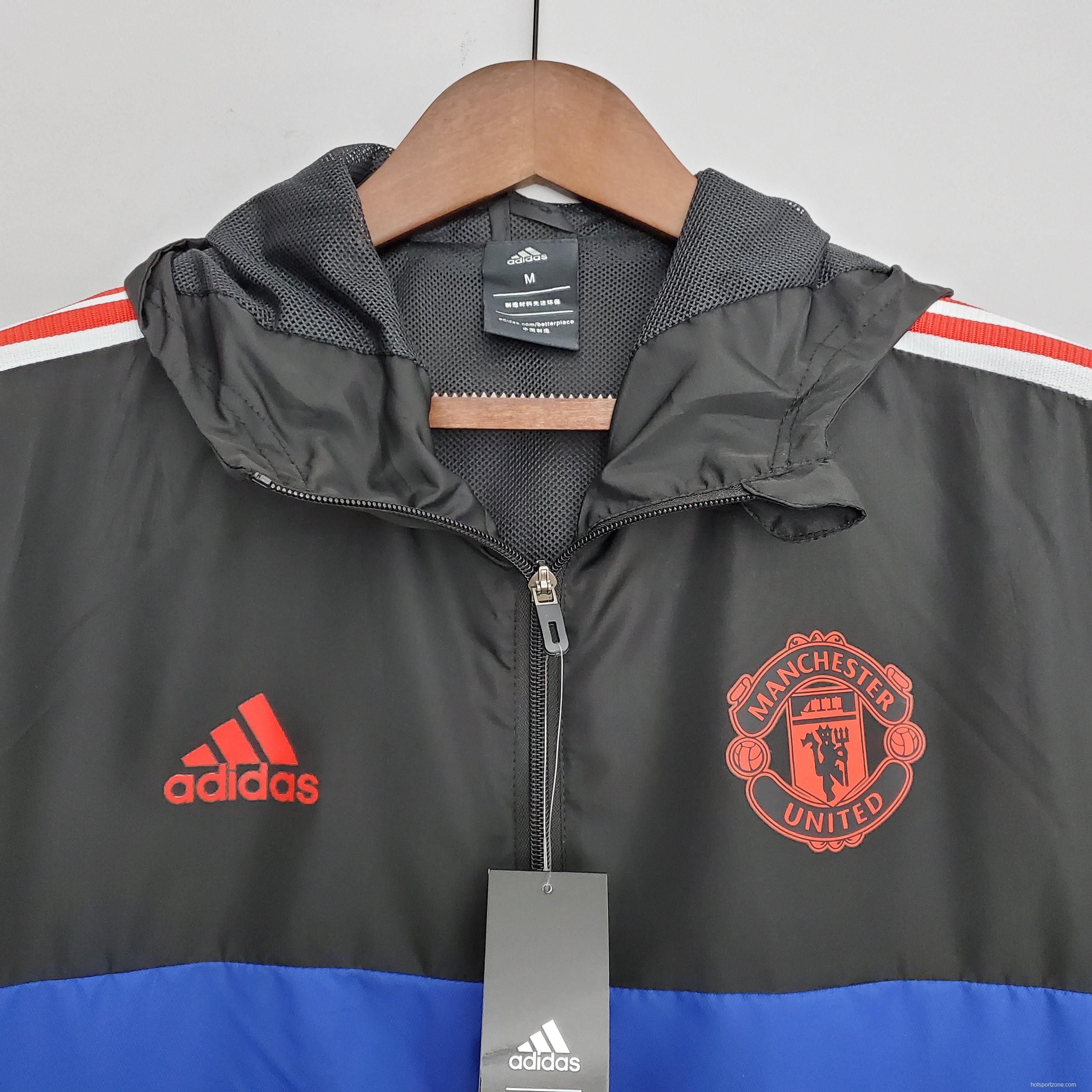 2022 Manchester United Windbreaker Black and Blue Soccer Jersey