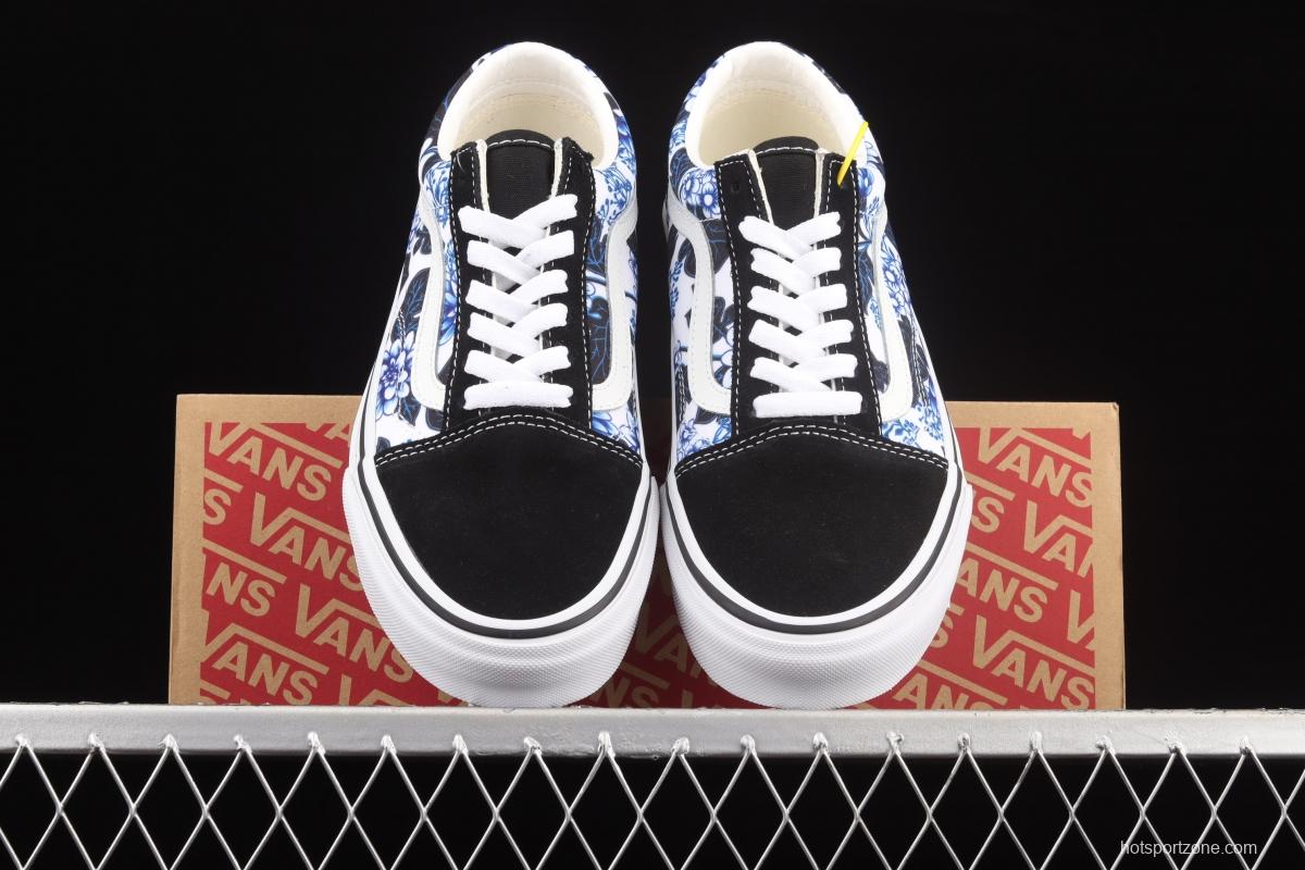 Vans Style blue flower printed side striped low upper board shoes VN0A7Q2JY6Z
