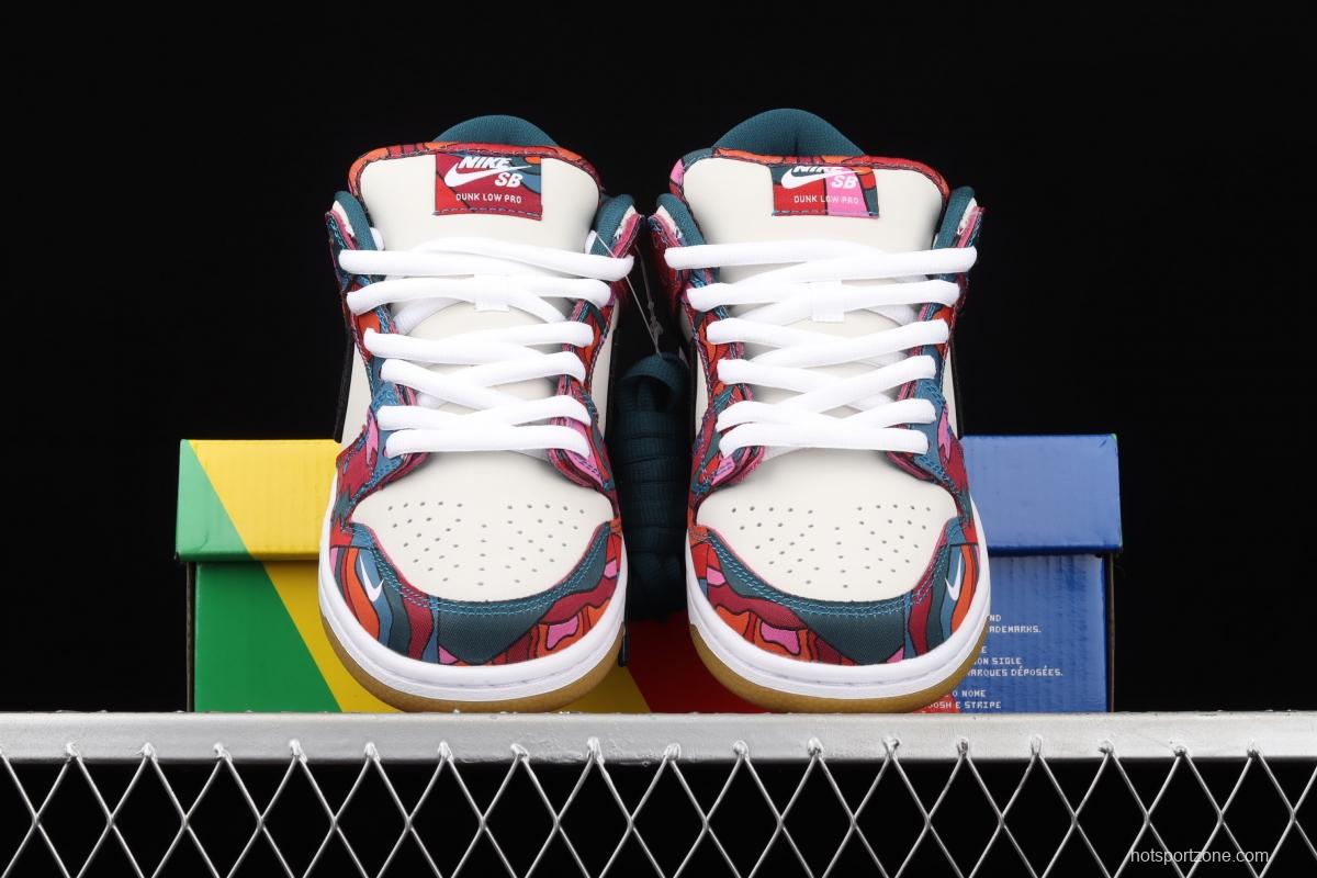 Parra x NIKE DUNK SB Low Pro White, Blue and Red Abstract Art scratch Music Olympic Slam Dunk Series retro low-top leisure sports skateboard shoes DH7695-600