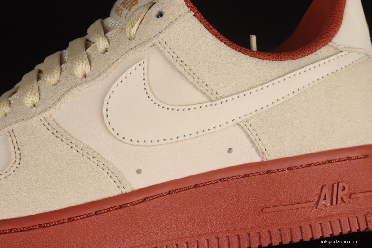 NIKE Air Force 1x07 SE beige / brick red suede spliced low-top casual board shoes AA1391-111,