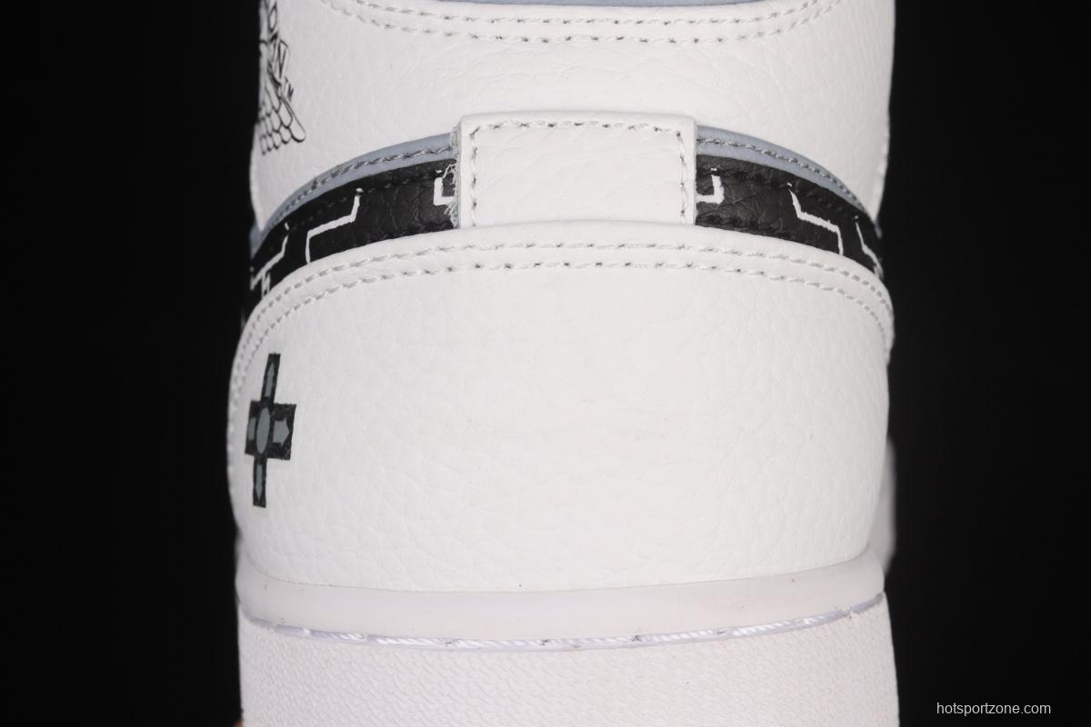 Air Jordan 1 Mid black-and-white gray video game graffiti customized Zhongbang basketball shoes 554724-130