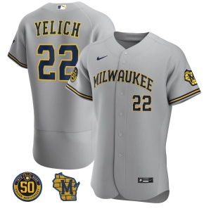 Men's Christian Yelich Gray Road 2020 Authentic 50th Anniversary and Road Sleeve Patch Player Team Jersey