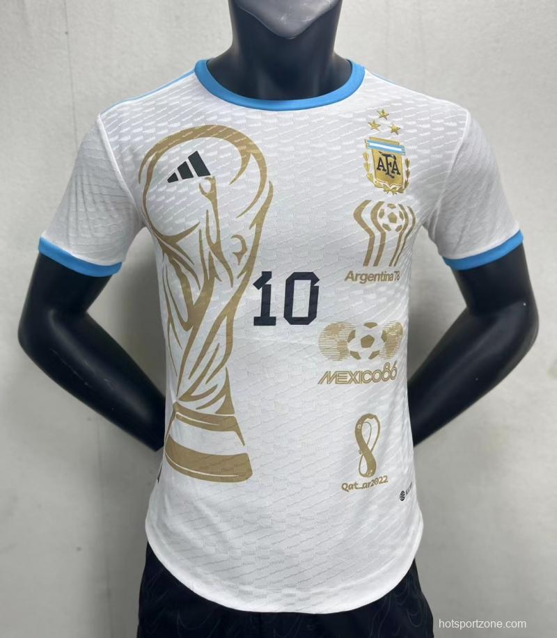 Player Version 3 Stars Argentina White Training Jersey With Number 10 Printing