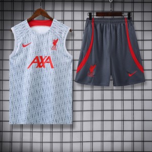 23-24 Liverpool White/Grey Grid Vest Jersey+Shorts