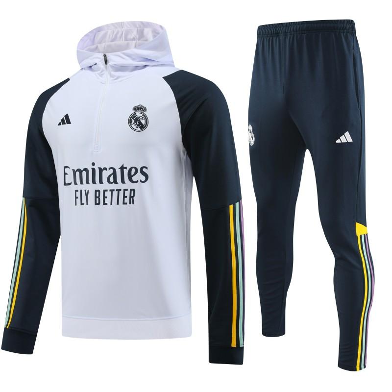 23/24 Real Madrid White Hoodie Half Zipper Jacket+ Pants