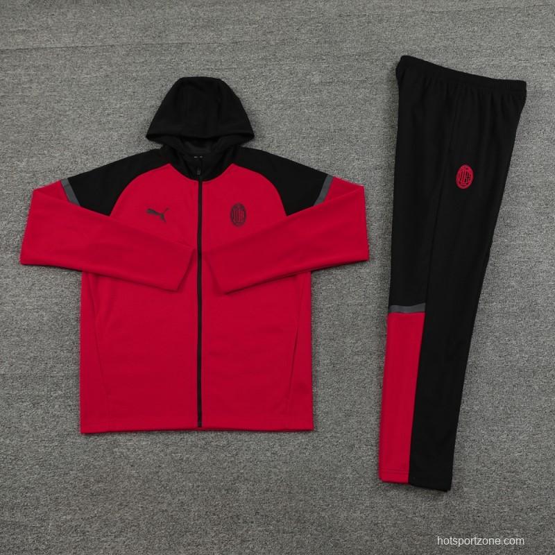 24/25 AC Milan Red/Black Hoodie Full Zipper Jacket +Long Pants