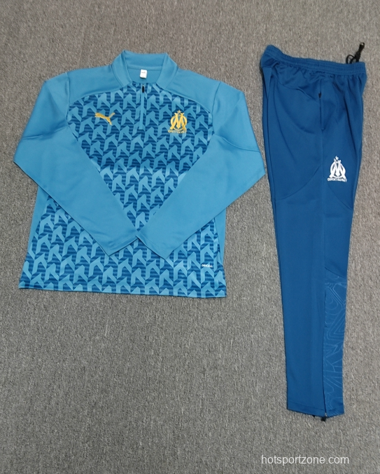 24/25 Kids Olympique Marseille Blue Grid Half Zipper Jacket+Long Pants