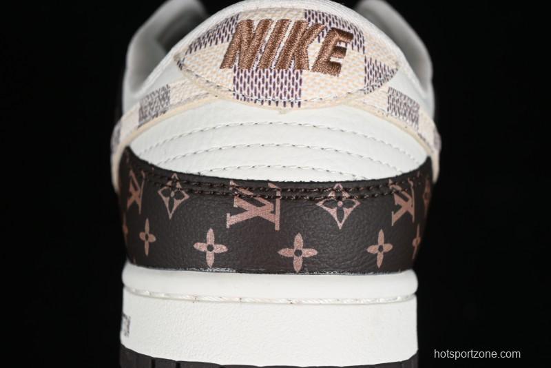 Nike SB Dunk Low LV Collaboration - Checkerboard Brown White Swoosh Anniversary High-End Custom Low-Top Casual Sneakers - SJ2068-253