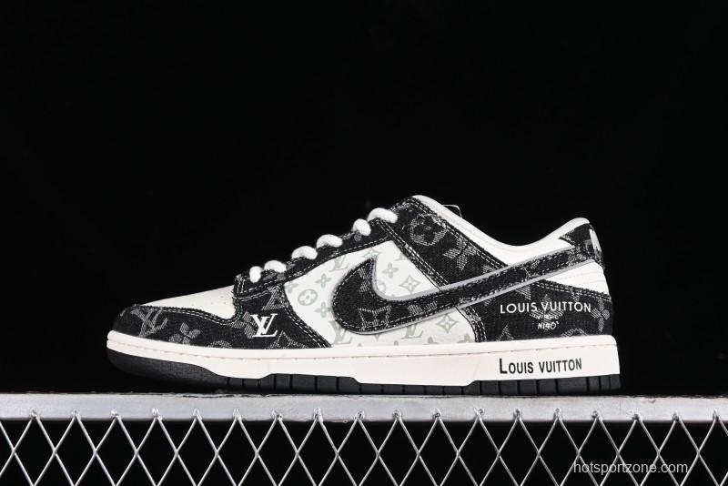 Nike SB Dunk Low LV Collaboration - Black Denim Print Anniversary Custom Low-Top Casual Sneakers - SJ2068-256