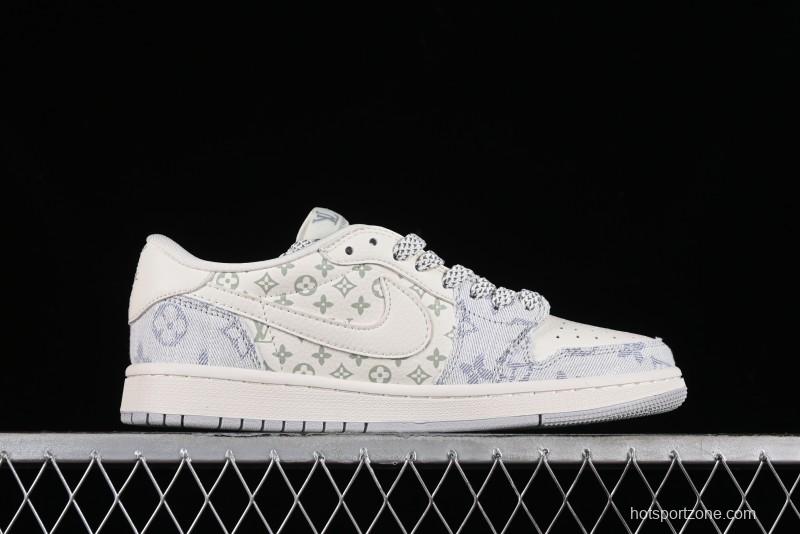 Nike Air Jordan 1 Low OG SP Travis Scott x Fragment Design LV Washed Blue Denim Casual Sneakers - SJ2068-007