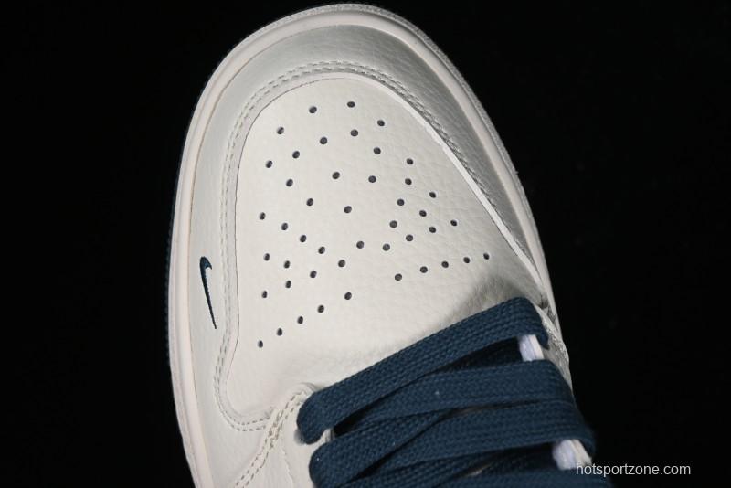 Nike Air Jordan 1 Low LV Collaboration - White with Blue Swoosh Custom Casual Sneakers - WG8850-005