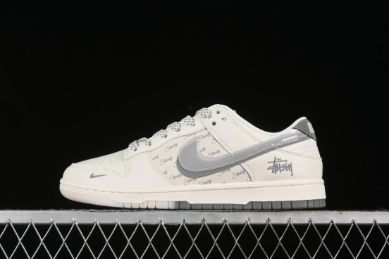Nike SB Dunk Low Stussy Collaboration - White Grey Double Swoosh Anniversary High-End Custom Low-Top Casual Sneakers - XX2025-206