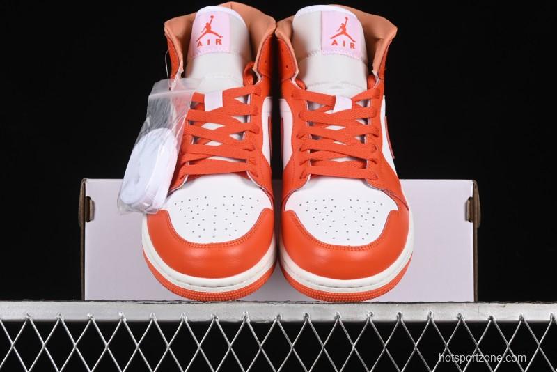 Nike Air Jordan 1 Mid Basketball Shoes in White and Orange Colorway - BQ6472-108