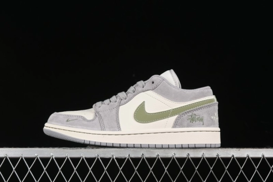 Nike Air Jordan 1 Low Stussy Collaboration - Light Green Elegant Grey Retro Basketball Shoes - WG8850-016