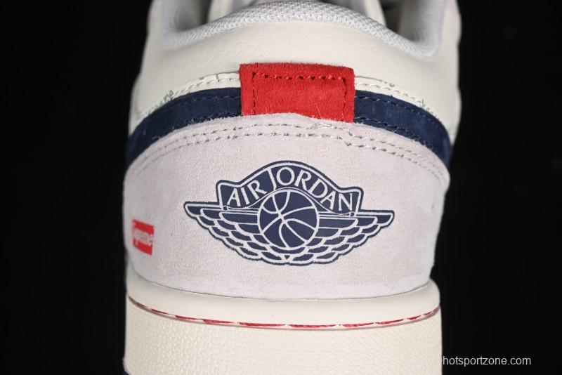 Nike Air Jordan 1 Low Supreme Collaboration - Pig Grey Print Custom Retro Basketball Shoes - LJ6688-009