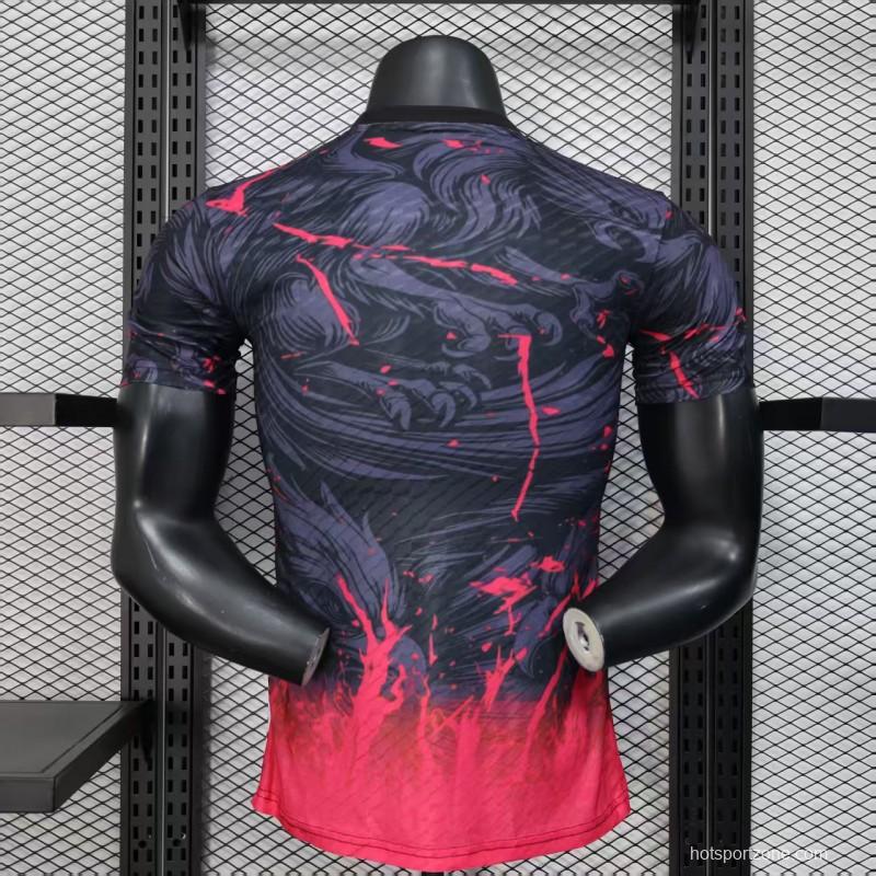 Player Version 2025 Japan Dark Navy with Rising Phoenix Design and Red Gradient Splash Pattern Jersey