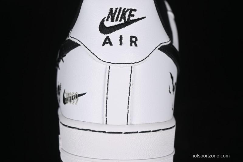 Nike Air Force 1 '07 Low Casual Sneakers with Black and White Hand-Drawn Anime Design - CT2585-100