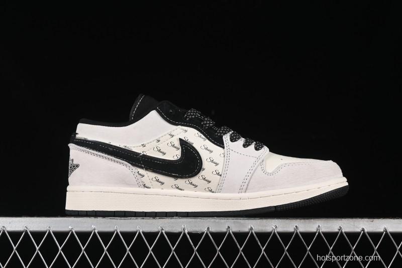 Nike Air Jordan 1 Low Stussy Collaboration - Silver Trim Black Swoosh Retro Basketball Shoes - SJ9950-026