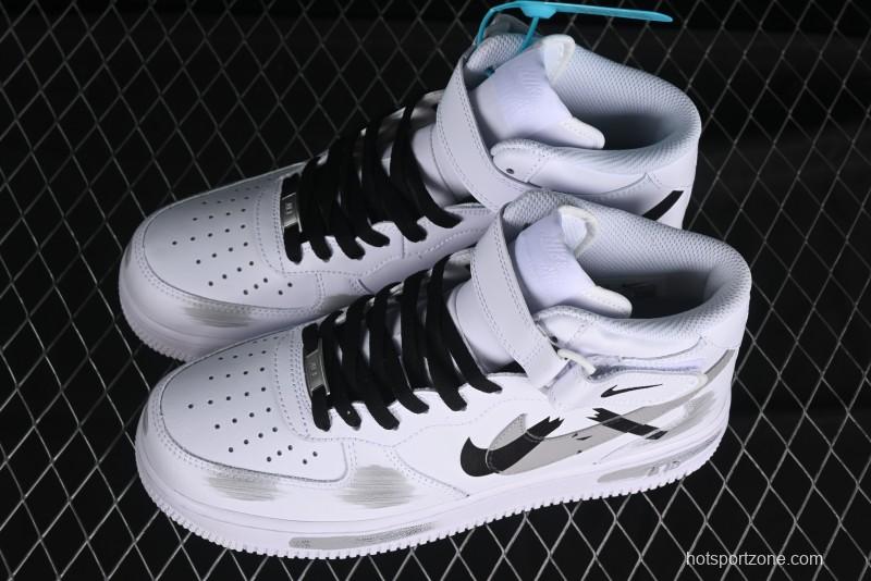 Nike Air Force 1 '07 Mid Casual Sneakers in White/Grey/Black with Hand-Painted Cracked Swoosh Shadow Detail - CW2289-111
