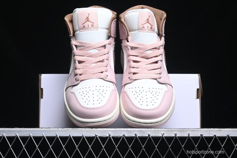 Nike Air Jordan 1 Mid AJ1 Basketball Shoes in Khaki Pink - BQ6472-620