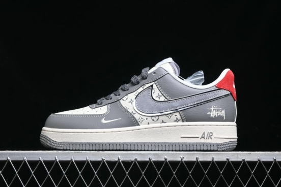Nike Air Force 1 '07 Low Stussy Collaboration - Beige Grey Red Print Casual Sneakers - XZ6188-338