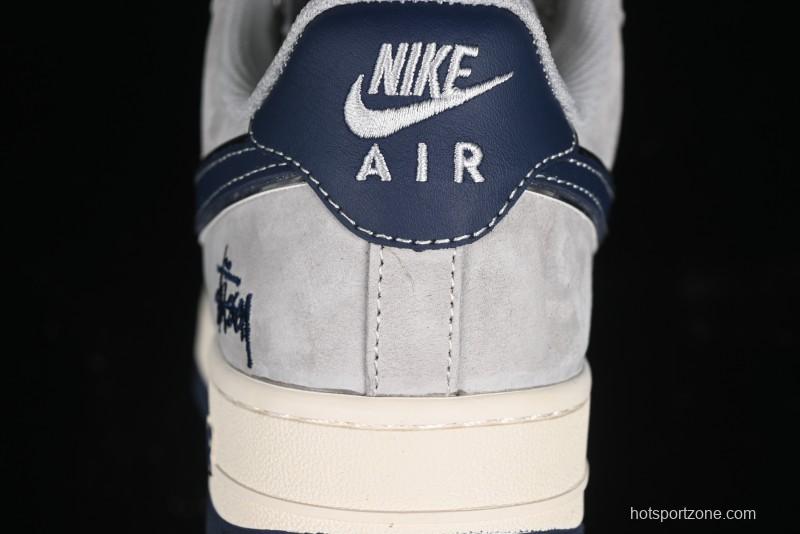 Nike Air Force 1 '07 Low Stussy Collaboration - Grey Pigskin Blue Sole Low-Top Casual Sneakers - SJ6698-005