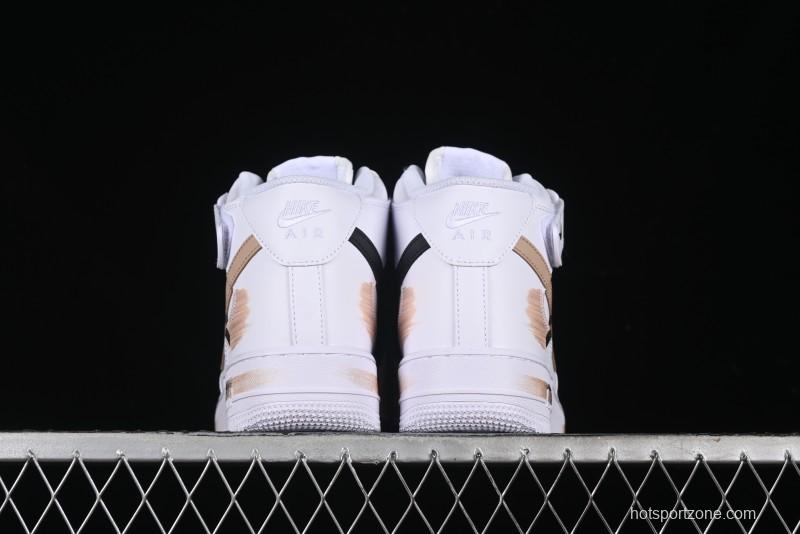 Nike Air Force 1 '07 Mid Hand-Painted White Black Brown with Swoosh Shadow Strap Mid-Top Casual Sneakers - CW2289-111