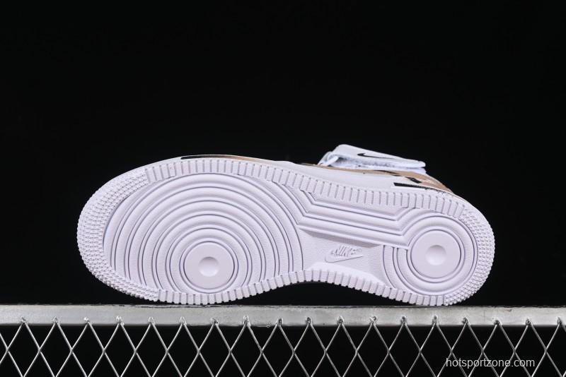 Nike Air Force 1 '07 Mid Hand-Painted White Black Brown with Swoosh Shadow Strap Mid-Top Casual Sneakers - CW2289-111