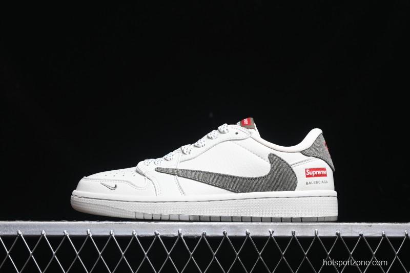 Nike Travis Scott x Fragment Design x Air Jordan 1 Low OG SP AJ1 Supreme Collaboration - Light Beige White Low Top Casual Sneakers - JH6088-609