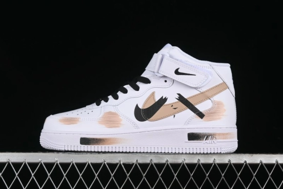 Nike Air Force 1 '07 Mid Hand-Painted White Black Brown with Swoosh Shadow Strap Mid-Top Casual Sneakers - CW2289-111
