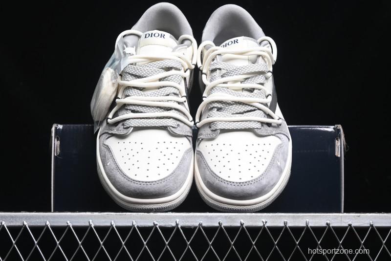 Nike Travis Scott x Fragment Design x Air Jordan 1 Low OG SP AJ1 Dior Collaboration - Splatter Lace-Up Low-Top Casual Sneakers DM9288-002