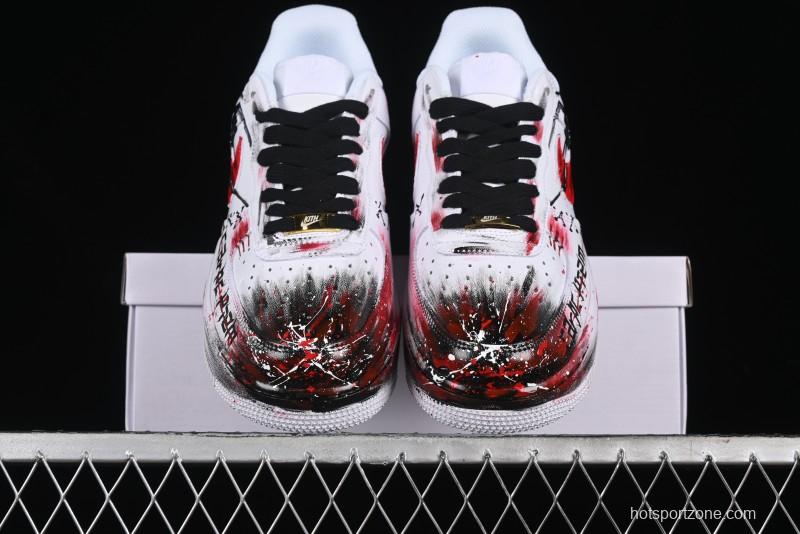 Nike Air Force 1 '07 Low Casual Sneakers with 2D Black and White Hand-Painted Blood Night Stitching Design - CW8822-011