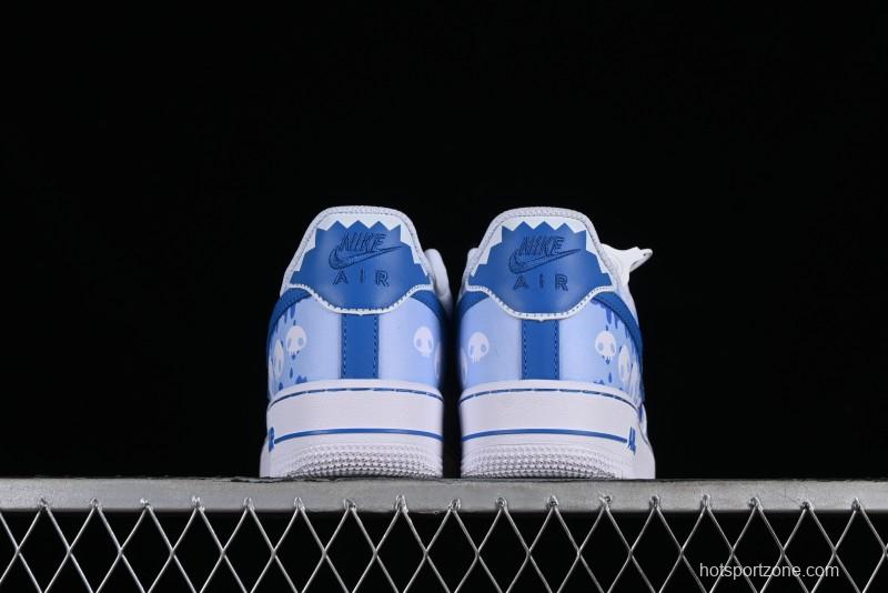 Nike Air Force 1 '07 Low Witch Collaboration Custom Leather Sneakers with Skull Design and Gradient White-Blue - CW2288-111