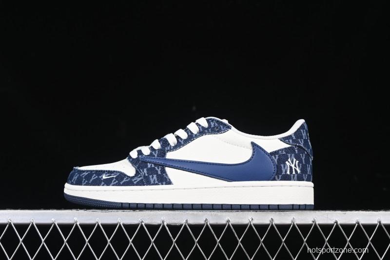 Nike Travis Scott x Fragment Design x Air Jordan 1 Low OG SP AJ1 MLB Collaboration White Blue Denim Low-top Casual Sneakers - DM7866-051