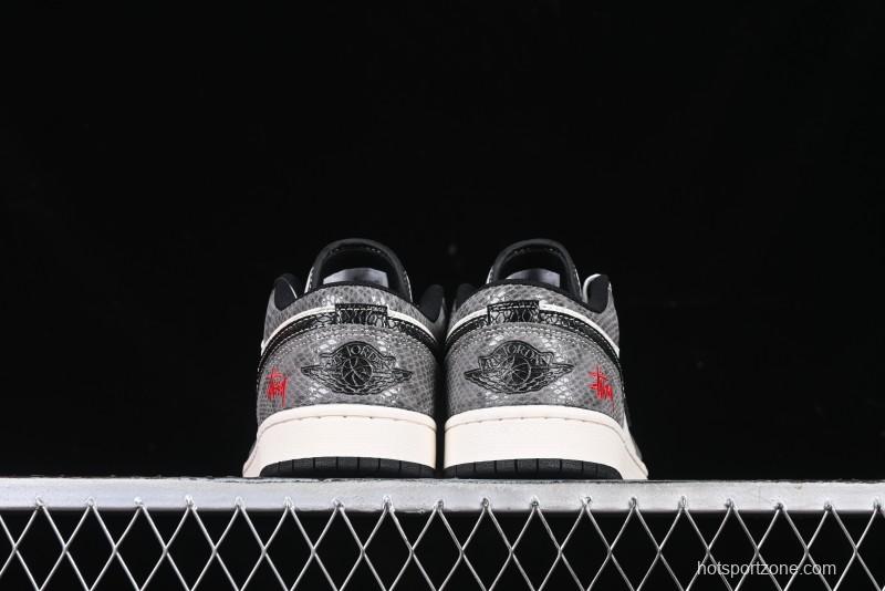 Nike Air Jordan 1 Low Retro Basketball Shoes with Custom Stussy Grey Snake Design - FC1688-202