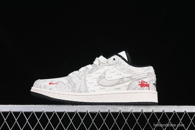 Nike Air Jordan 1 Low Retro Basketball Shoes - Stussy Grey Snake Custom - FC1688-200