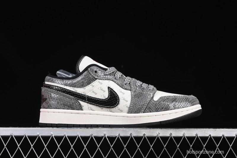Nike Air Jordan 1 Low Retro Basketball Shoes with Custom Stussy Grey Snake Design - FC1688-202