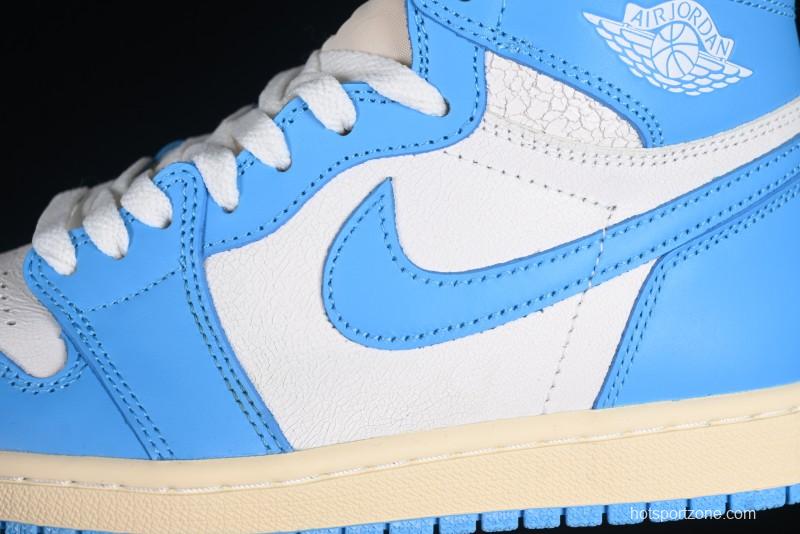 Nike Air Jordan 1 High OG "UNC Reimagined" Retro Basketball Shoes with Cracked Leather and Vintage Midsole - DZ5485-402
