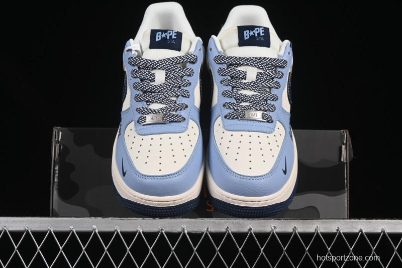 Nike Air Force 1 '07 Low Bape Collaboration Light Blue Swoosh Casual Sneakers - XS1958-554