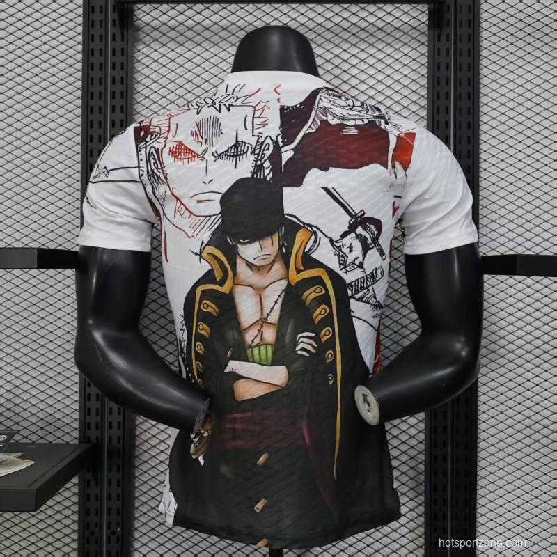 Player Version 2025 Japan White with One Piece Roronoa Zoro Character Jersey