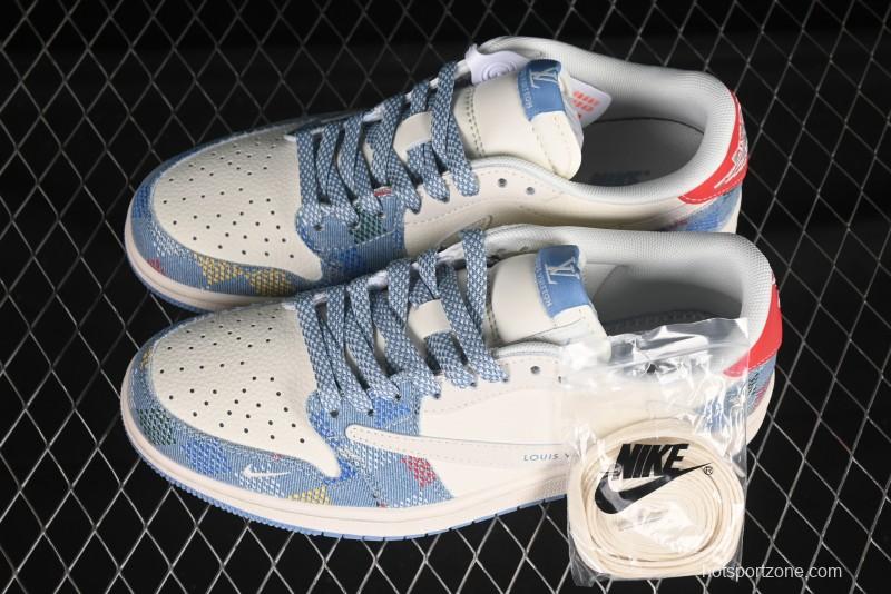 Nike Travis Scott x Fragment Design x Air Jordan 1 Low OG SP AJ1 LV Collaboration Multi-Color Canvas Low-Top Casual Sneakers - FC1688-232
