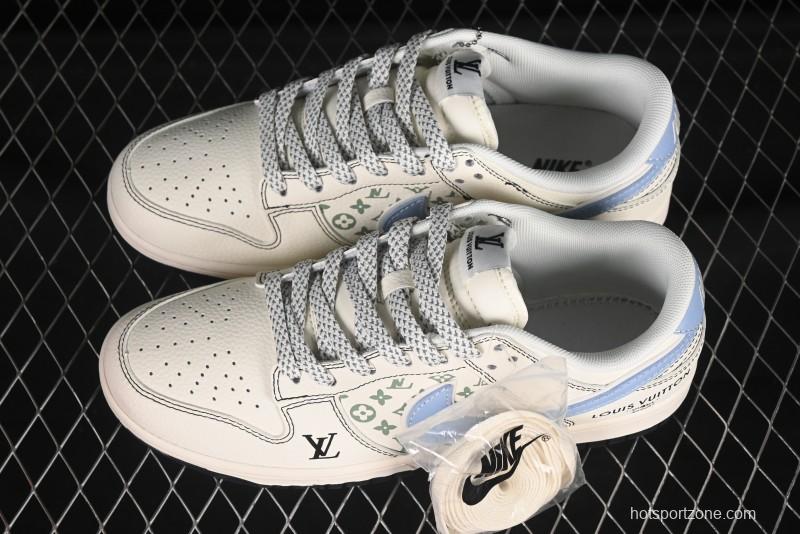 Nike SB Dunk Low LV Collaboration Anniversary Custom Sneakers with Black Stitch and Blue Swoosh - XX3168-143