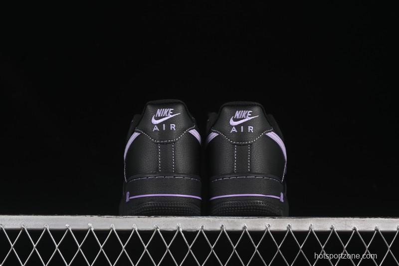 Nike Air Force 1'07 Low Casual Sneakers in Black with Purple Swoosh - HQ2037-001
