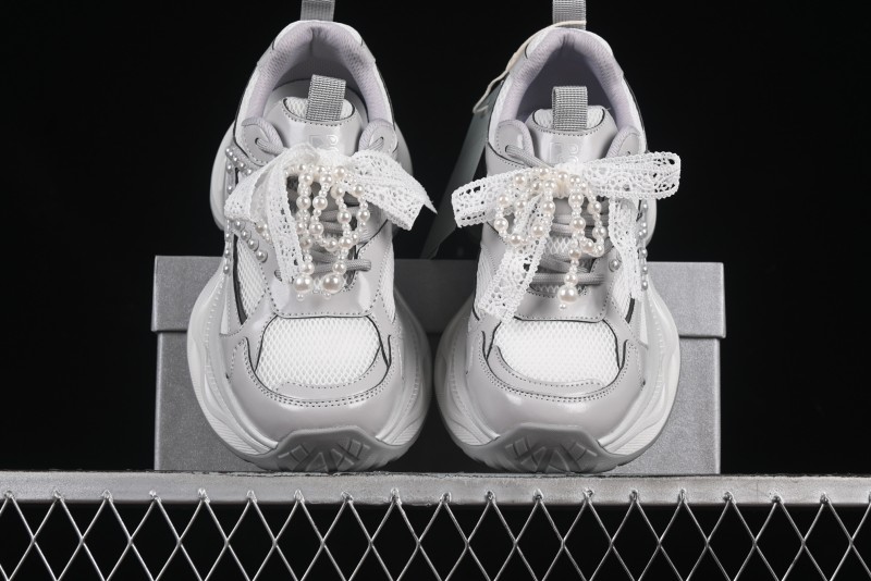 GG-CC Lace Pearl Chain Casual Platform Dad Shoes - 250310 Silver