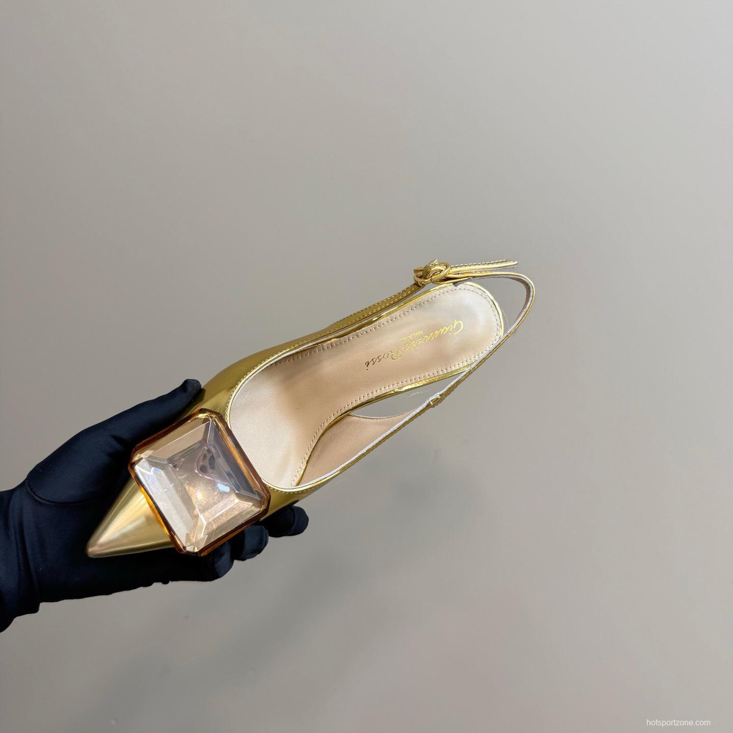 2025 Women Gianvito Rossi Gold Leather Slingback Gemstone KFY00300