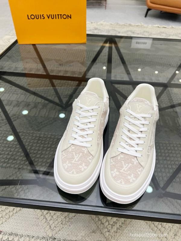 2024 Unisex Louis Vuitton Beige White Leather Mesh Sneakers MJ00400