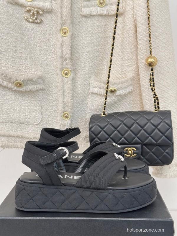 2025 Women Chanel Black Fabric Platform Sandals