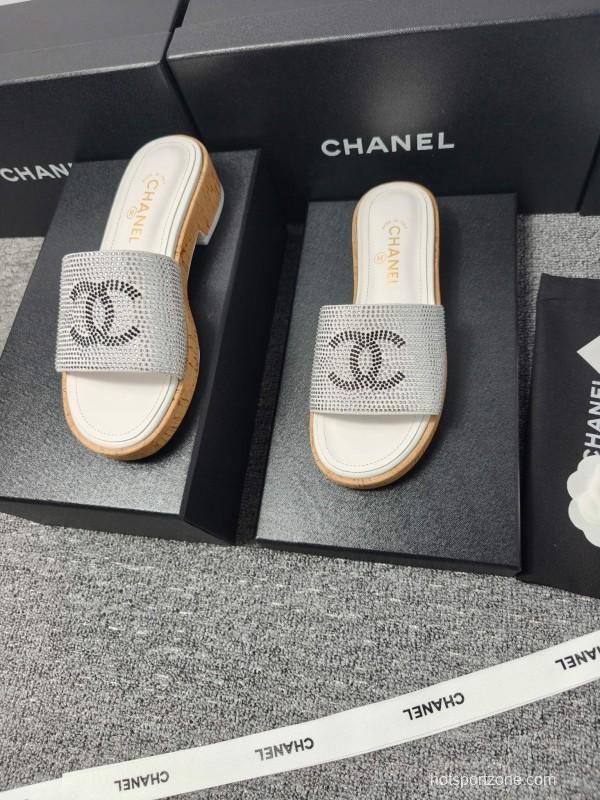 2025 CHANEL Silver Crystal Leather Slippers