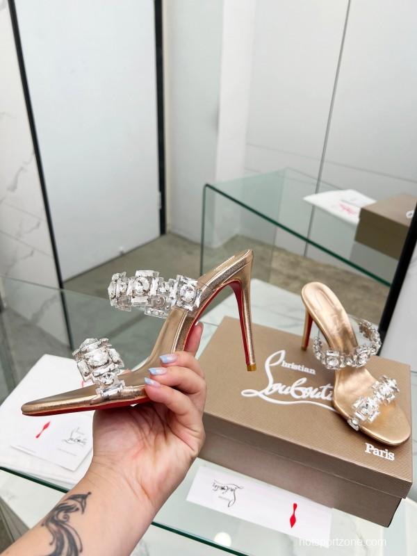 2025 Women Christian Louboutin Gold Leather High Heel Sandals LY00300