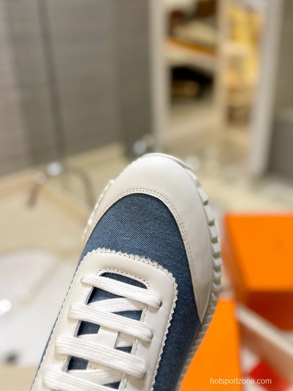 2024 Unisex Hermès Blue White Imported Silk Lambskin Casual Sneakers MJ00320